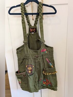 Kids Olive Green Embroidered Overall Dress